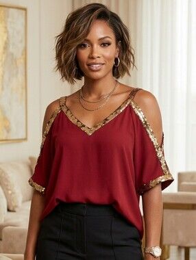 NWT SEQUIN Eci🌟BURGUNDY Top with Gold Sequin Accents Size L Oversized